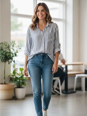 BEACH LUNCH LOUNGE  Blue & White women's Vertical Stripe Button-Up Shirt sz xl
